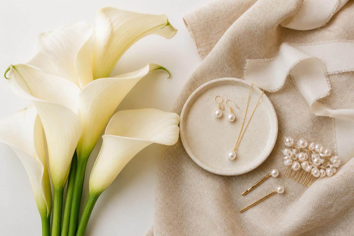White calla lilies with bridal pearls on warm linen